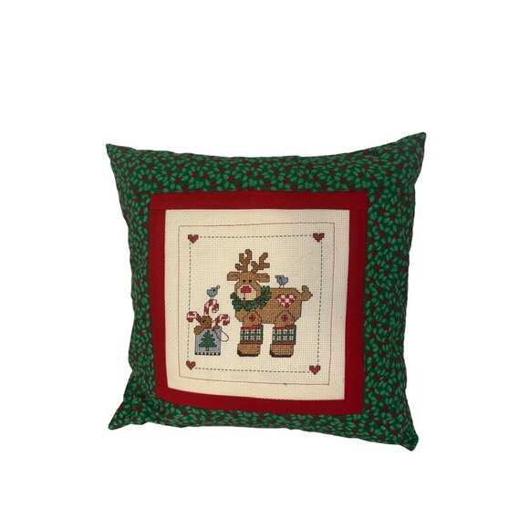 Handmade Cross Stitch Reindeer Christmas Pillow With Red & Green Holly Design 12 - Picture 1 of 7